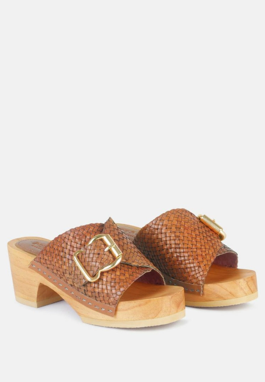 Ss'22 * | Rag & Co Yoruba Braided Leather Buckled Slide Clogs Ss'22 Tan