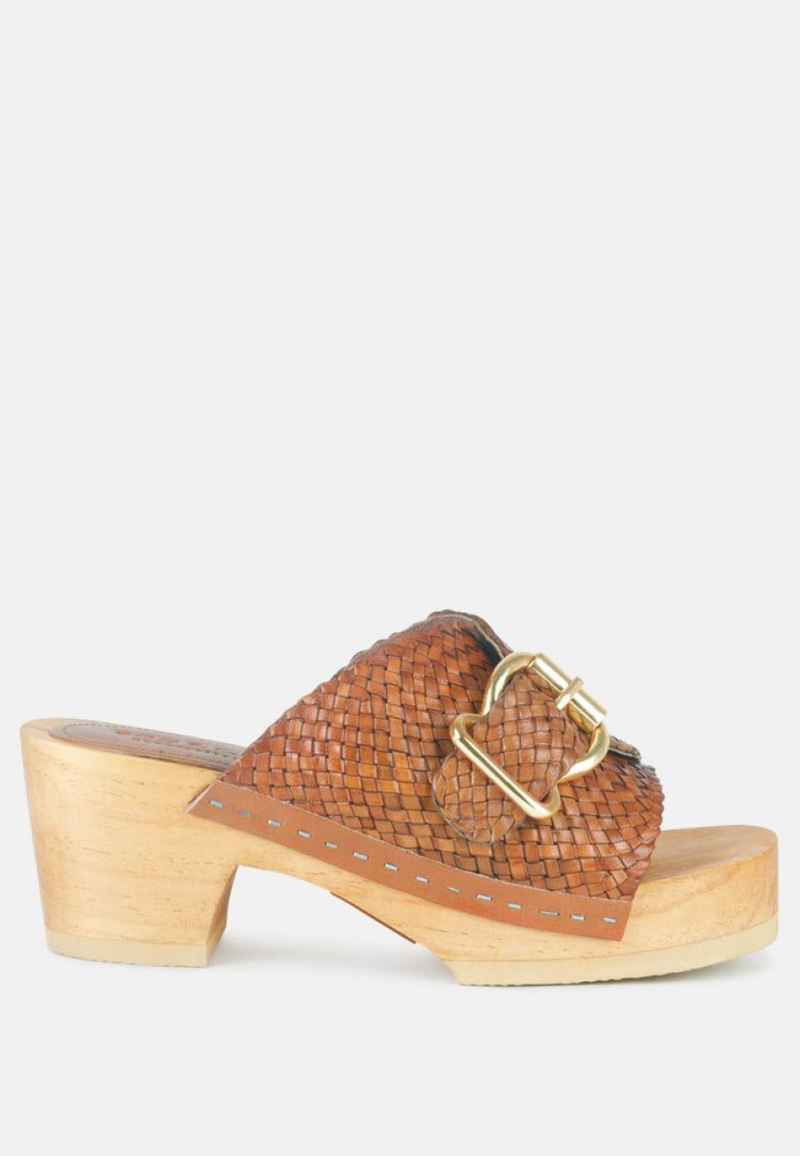 Ss'22 * | Rag & Co Yoruba Braided Leather Buckled Slide Clogs Ss'22 Tan