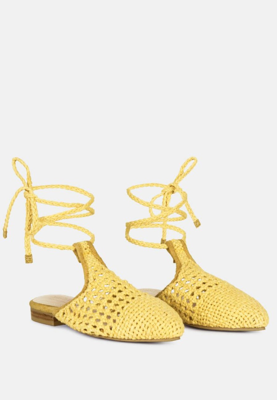 Flats * | Rag & Co Bartsi Handwoven Cotton Tie Up Mule Flats Yellow