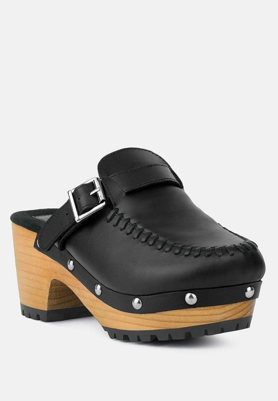 Clogs * | Rag & Co Choctav Handcrafted Leather Clogs Black