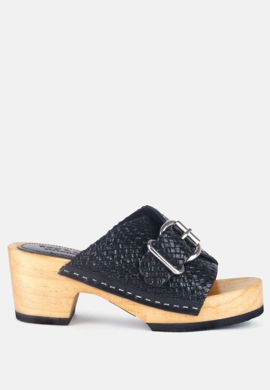 Ss'22 * | Rag & Co Yoruba Braided Leather Buckled Slide Clogs Black