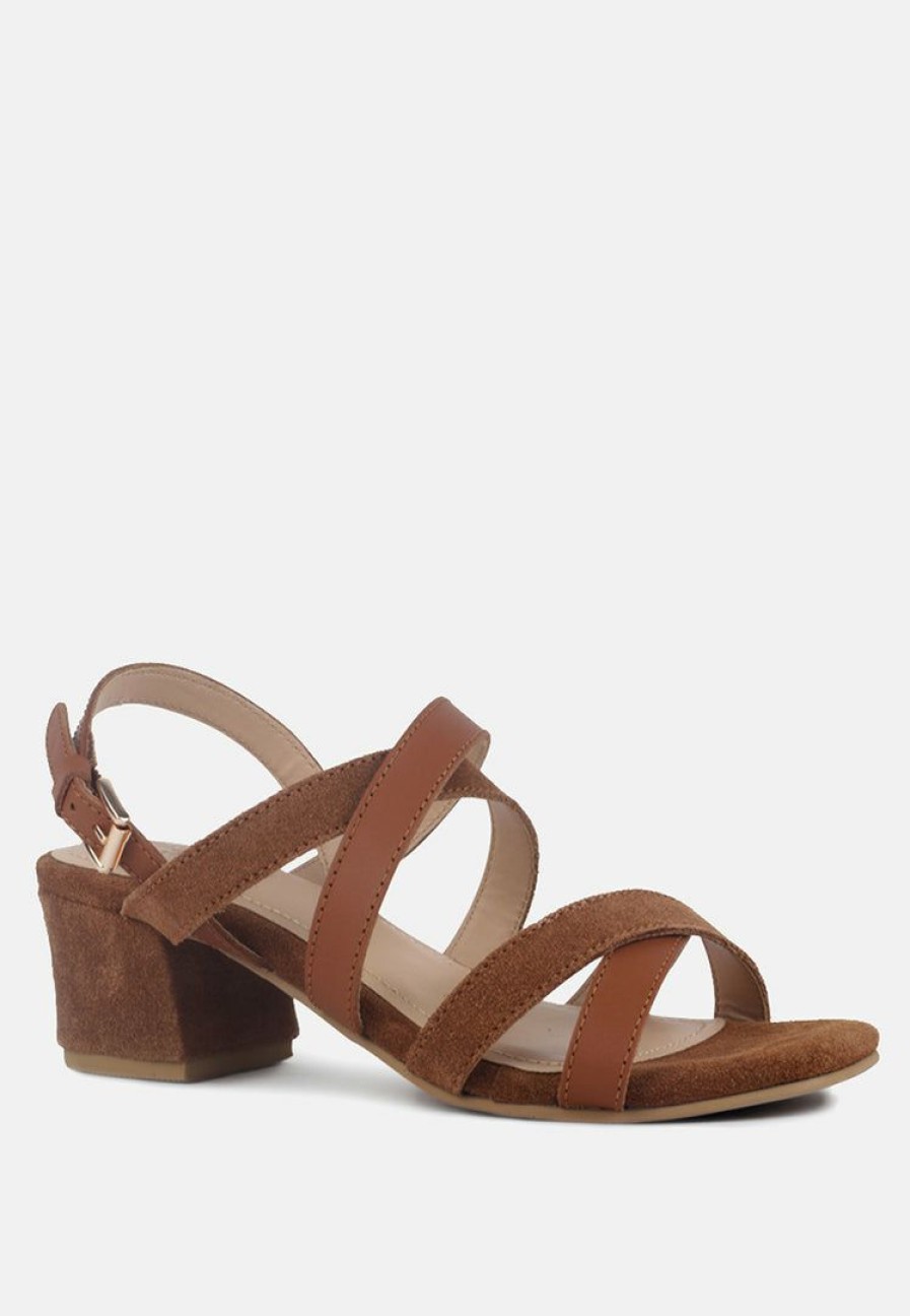 Ss'22 * | Rag & Co Astrid Mid Heeled Block Leather Sandal Tan