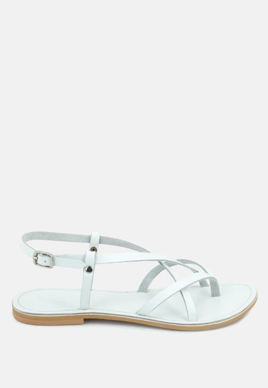 Ss'22 * | Rag & Co Flats Rita Strappy Flat Leather Sandals White