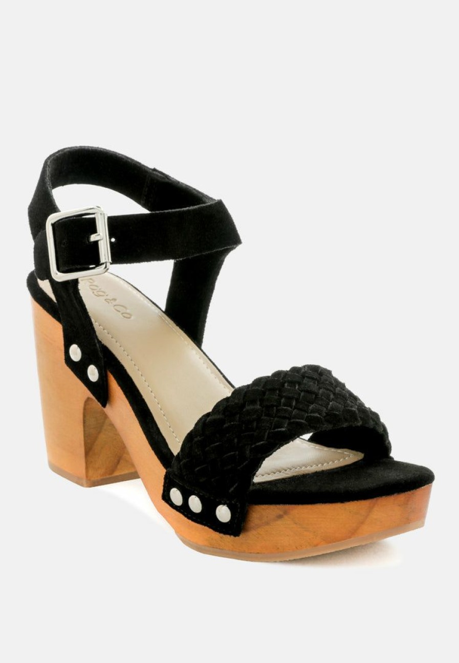 Clogs * | Rag & Co April Wooden Clogs In Suede Weave Black