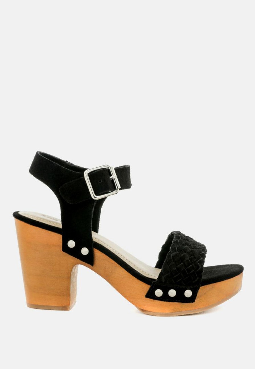 Clogs * | Rag & Co April Wooden Clogs In Suede Weave Black