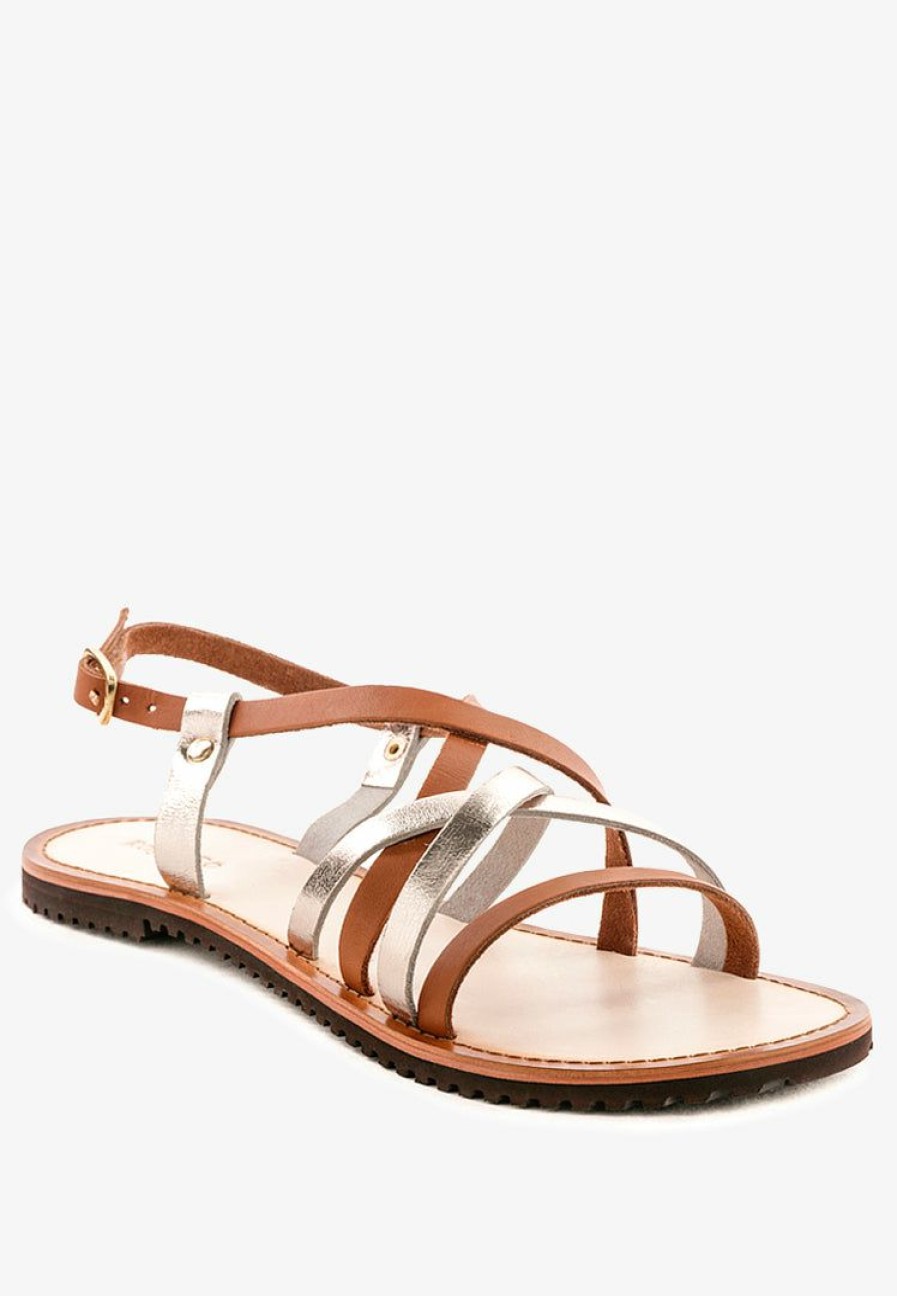 Sandals * | Rag & Co Flats June Strappy Flat Leather Sandals Tan