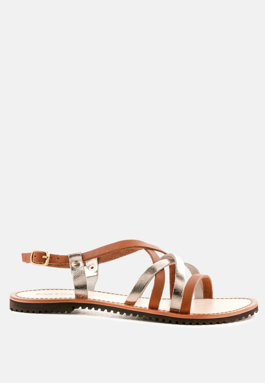 Sandals * | Rag & Co Flats June Strappy Flat Leather Sandals Tan