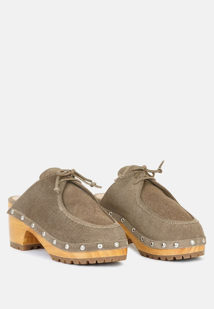 Ss'22 * | Rag & Co Iroko Suede Tie Detail Stud Clogs Taupe