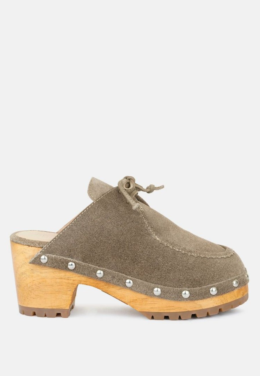 Ss'22 * | Rag & Co Iroko Suede Tie Detail Stud Clogs Taupe