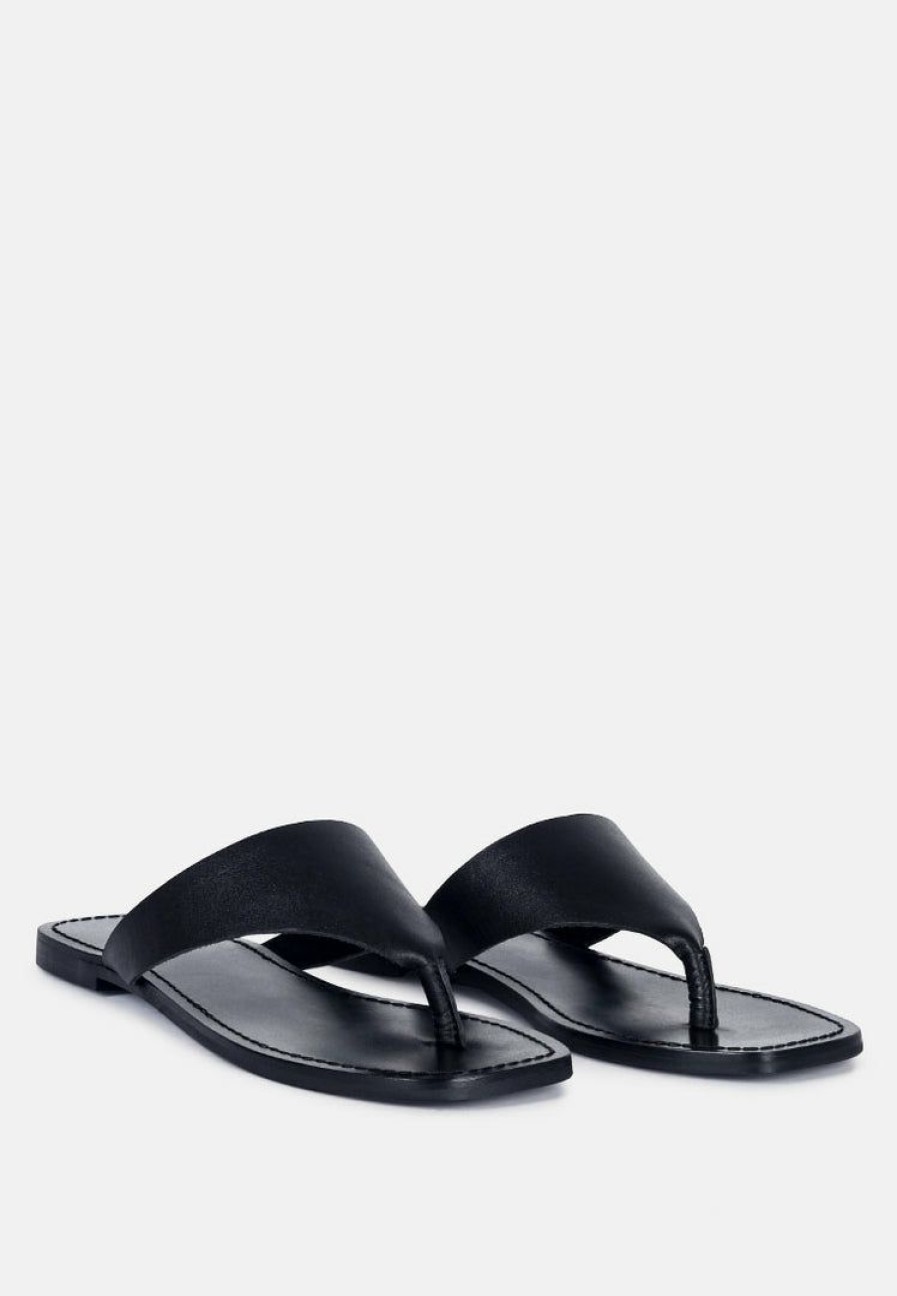 Ss'22 * | Rag & Co Orofer Soft Leather Luxury Thong Flats Black