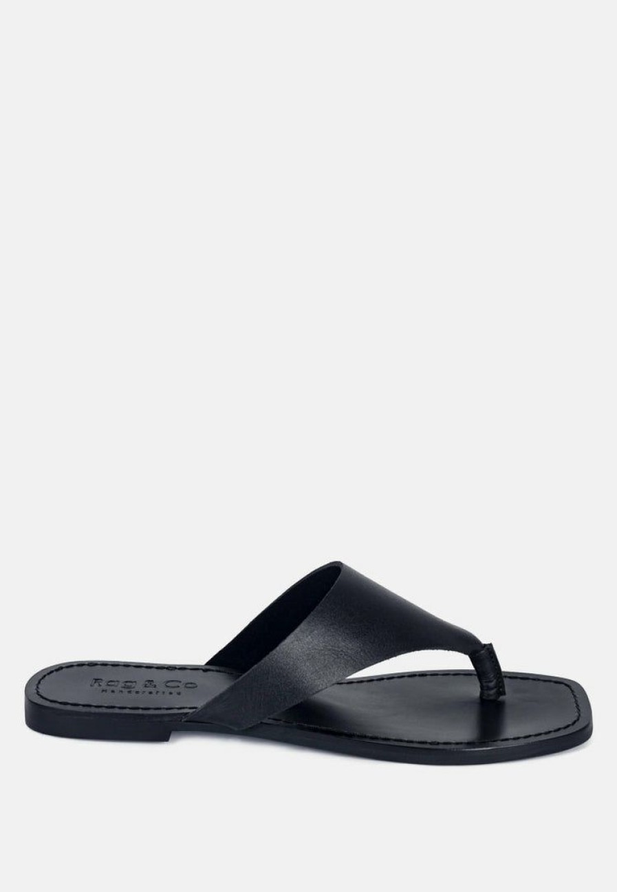 Ss'22 * | Rag & Co Orofer Soft Leather Luxury Thong Flats Black