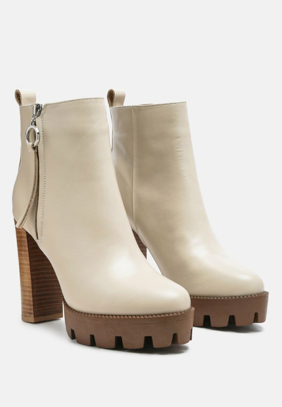 Boots * | Rag & Co Mistress High Block Heeled Chunky Leather Boot In Boots Beige