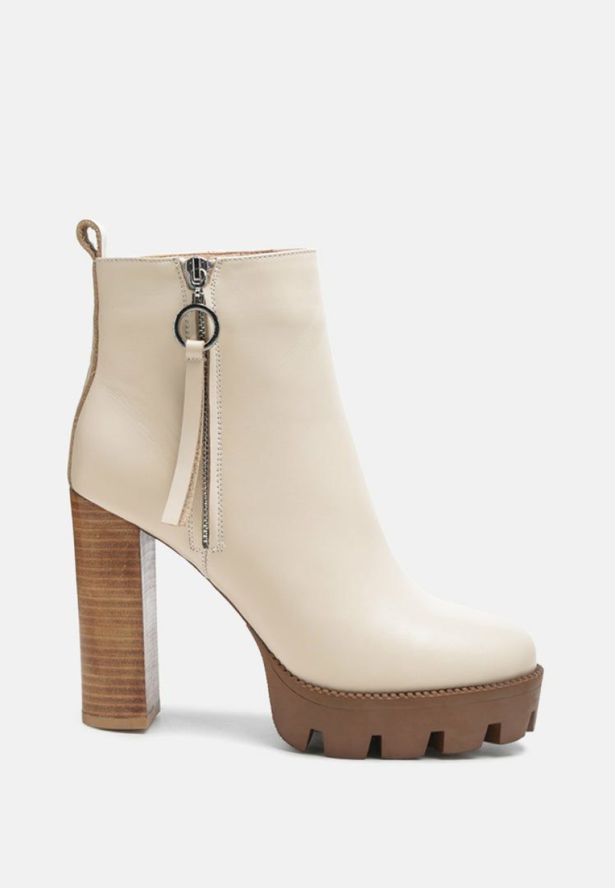 Boots * | Rag & Co Mistress High Block Heeled Chunky Leather Boot In Boots Beige