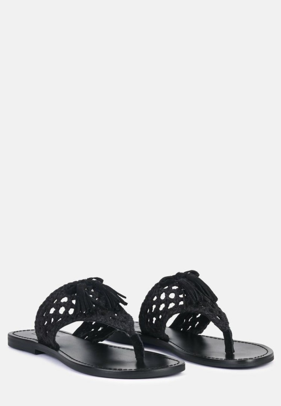 Ss'22 * | Rag & Co Beech Handwoven Natural Suede Tassel Thong Flats Black