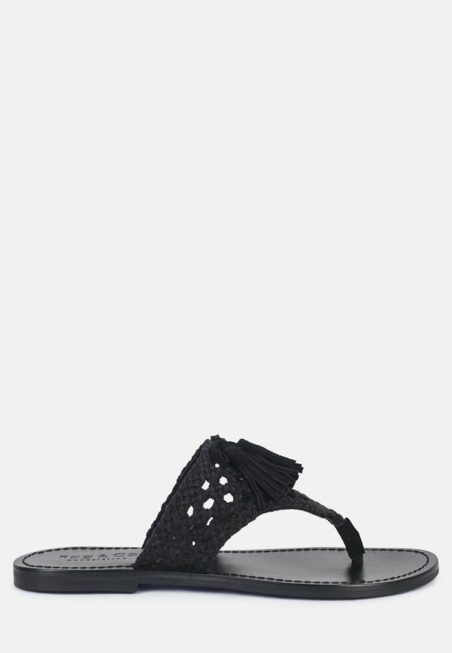 Ss'22 * | Rag & Co Beech Handwoven Natural Suede Tassel Thong Flats Black