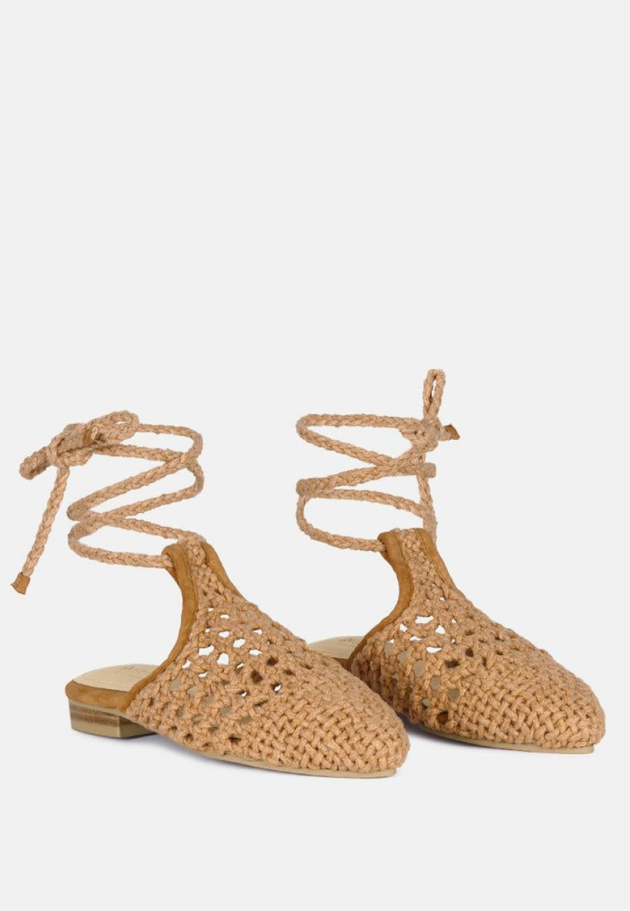 Flats * | Rag & Co Bartsi Handwoven Cotton Tie Up Mule Flats Tan