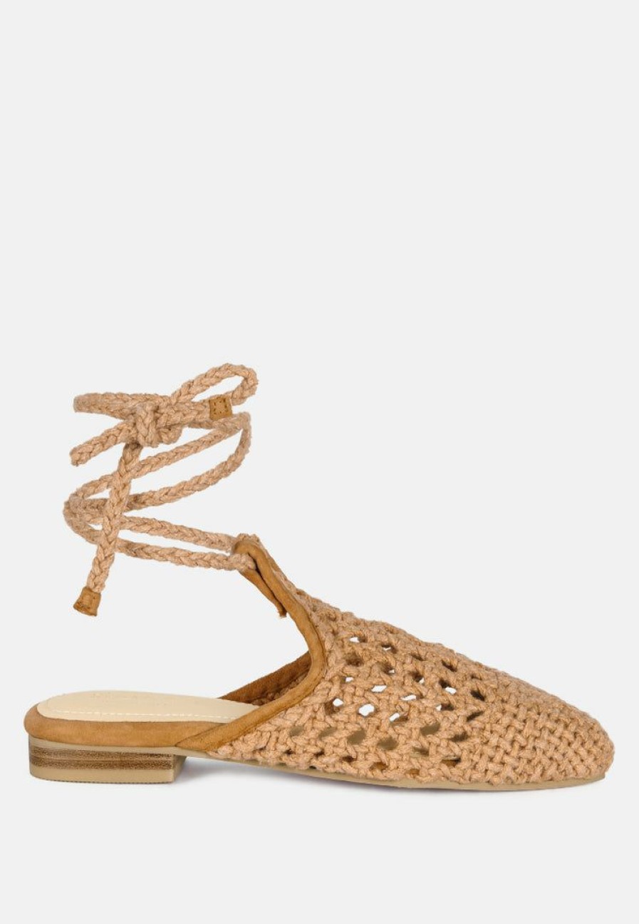 Flats * | Rag & Co Bartsi Handwoven Cotton Tie Up Mule Flats Tan