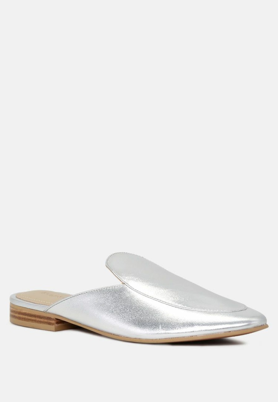 Flats * | Rag & Co Marla Metallic Leather Mules Flats Silver