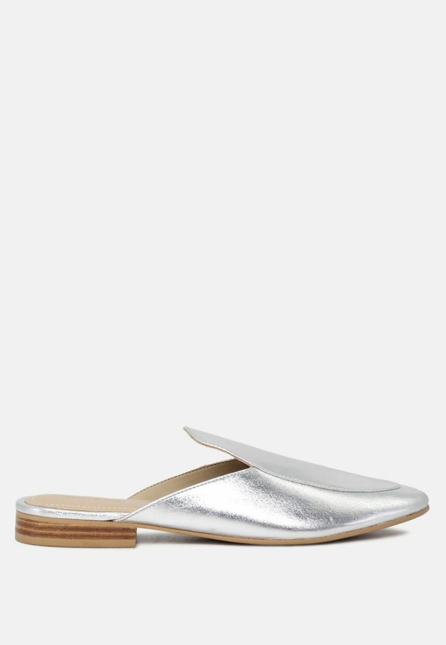 Flats * | Rag & Co Marla Metallic Leather Mules Flats Silver