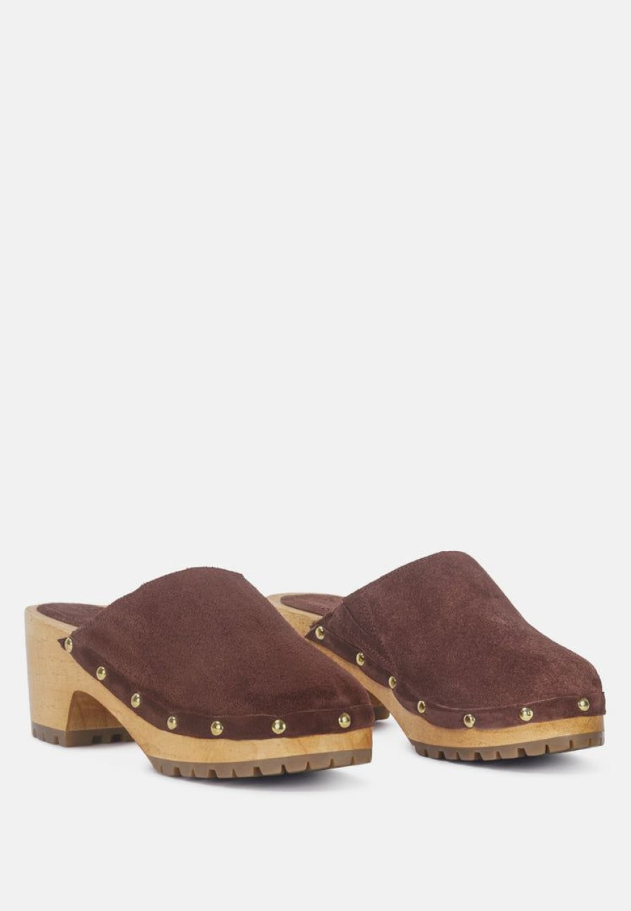 Ss'22 * | Rag & Co Clogs Cedrus Fine Suede Studded Clog Mules In Brown