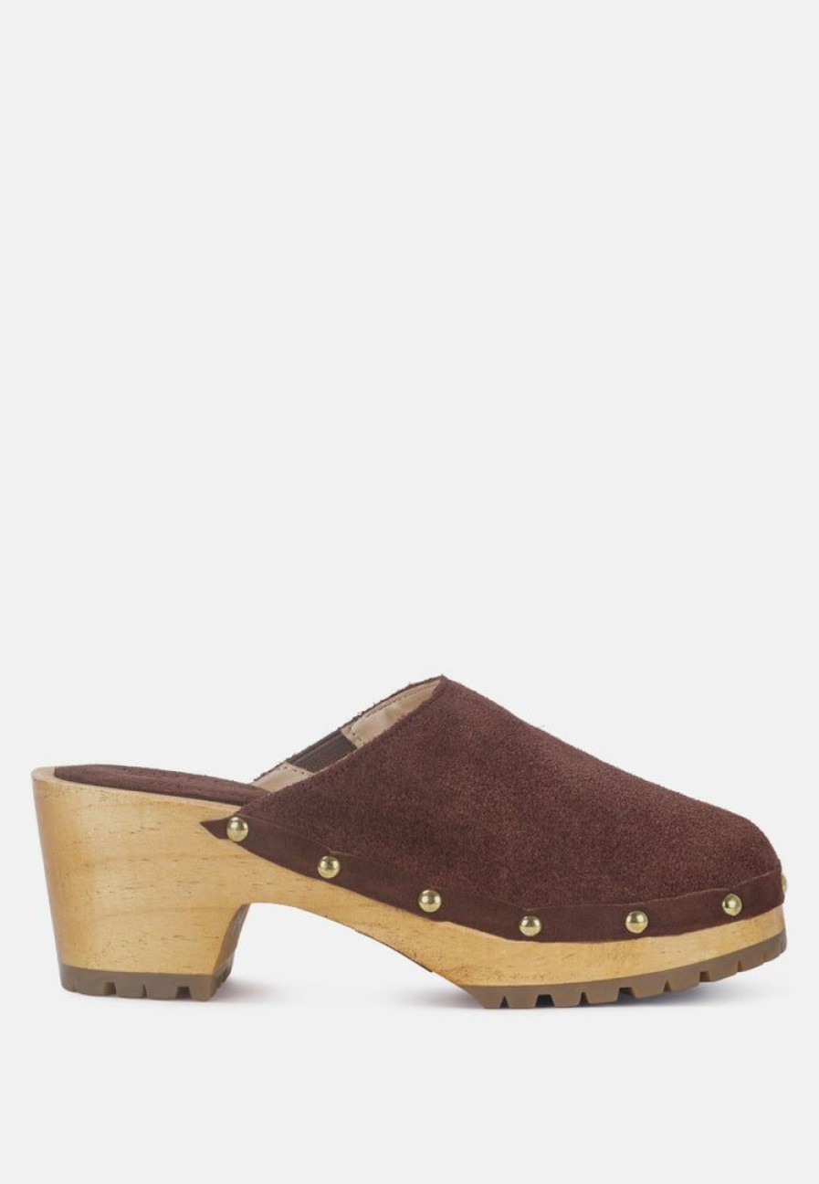 Ss'22 * | Rag & Co Clogs Cedrus Fine Suede Studded Clog Mules In Brown