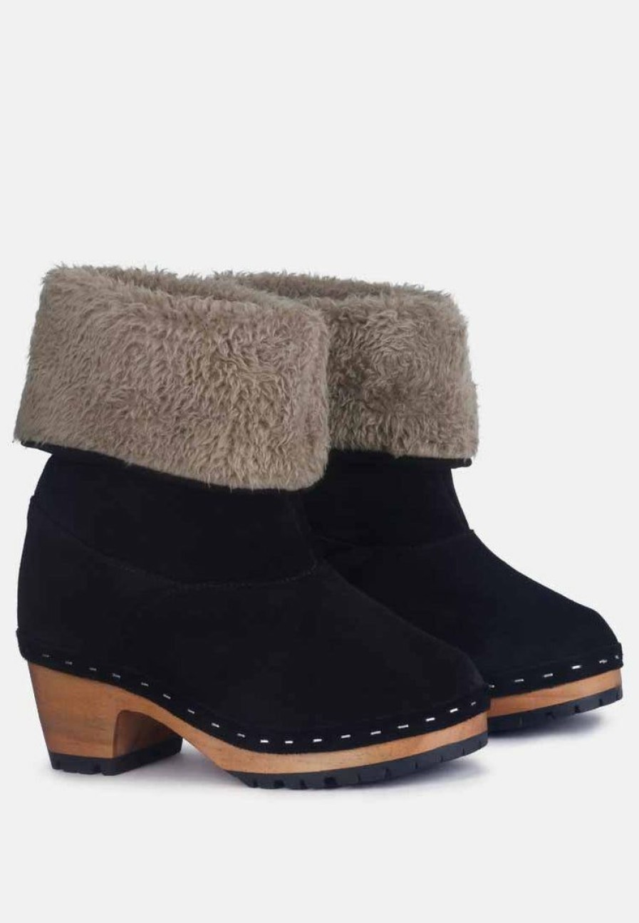 Boots * | Rag & Co Juglans Fur Collared Ankle Clog Boots In Black