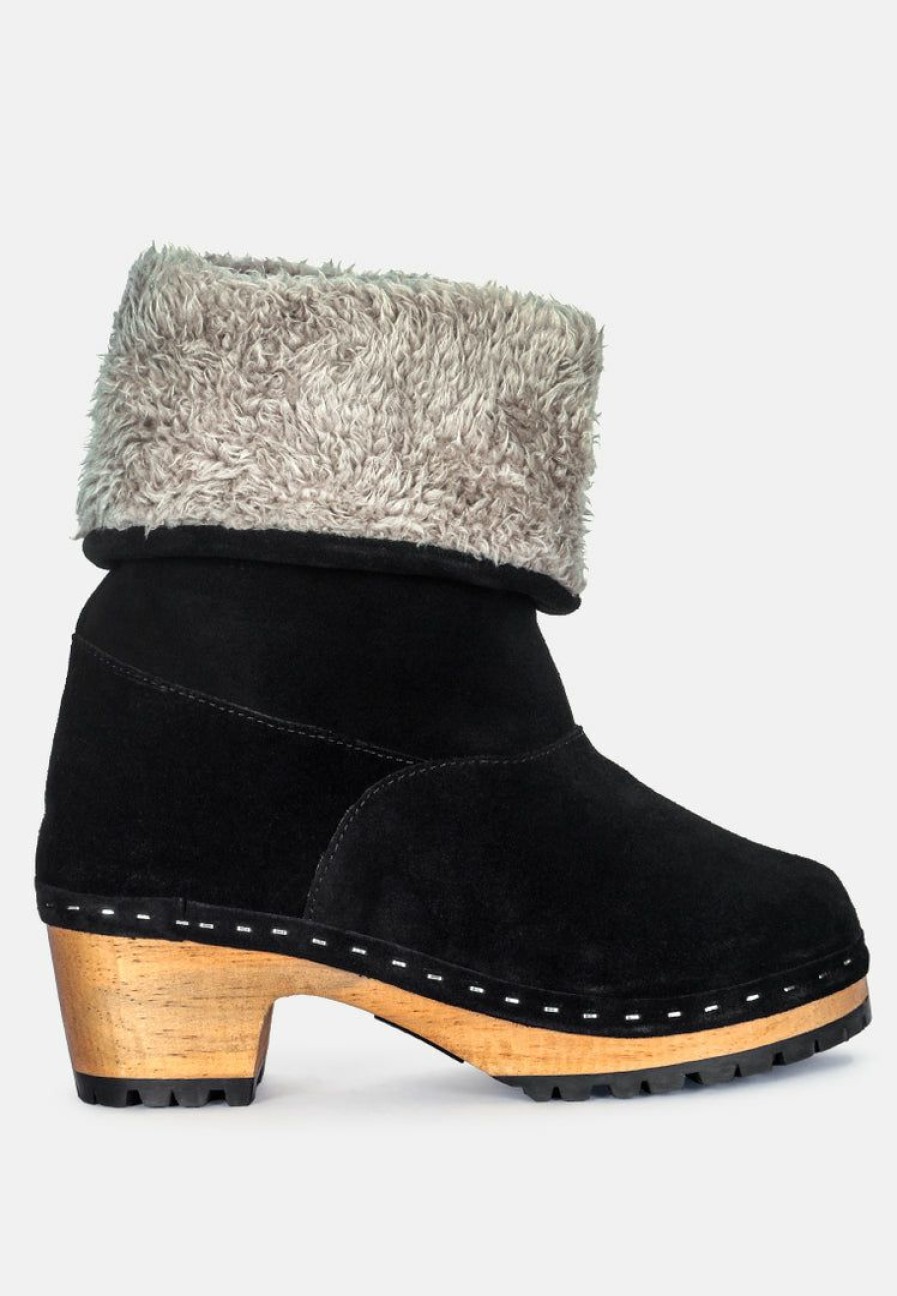 Boots * | Rag & Co Juglans Fur Collared Ankle Clog Boots In Black