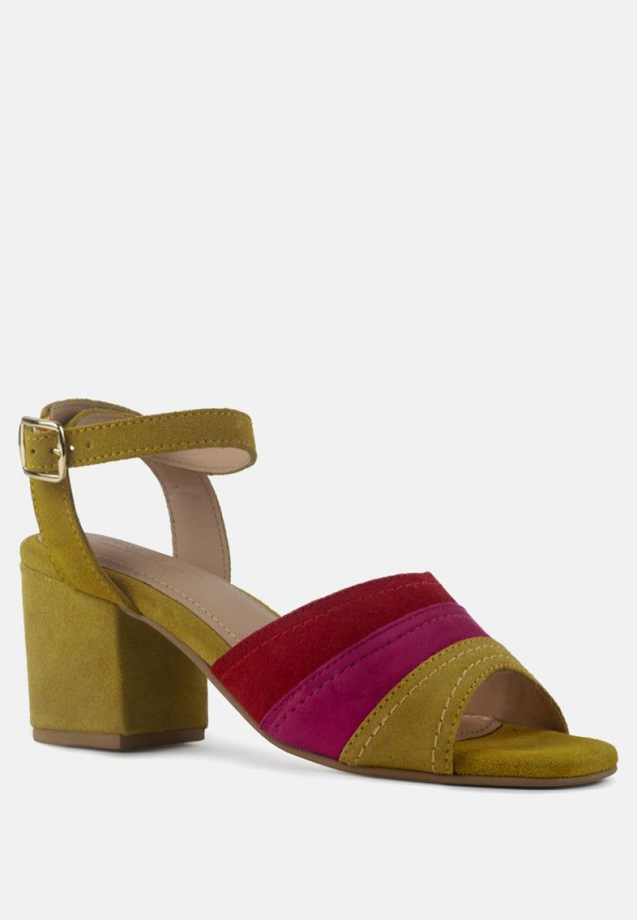 Ss'22 * | Rag & Co Mon-Beau Fine Suede Block Heeled Sandal In Yellow Sandals Multi