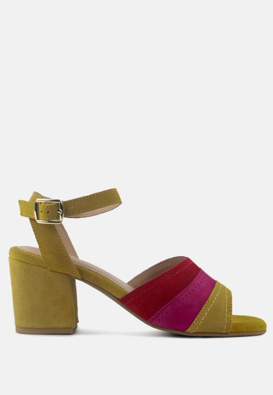 Ss'22 * | Rag & Co Mon-Beau Fine Suede Block Heeled Sandal In Yellow Sandals Multi