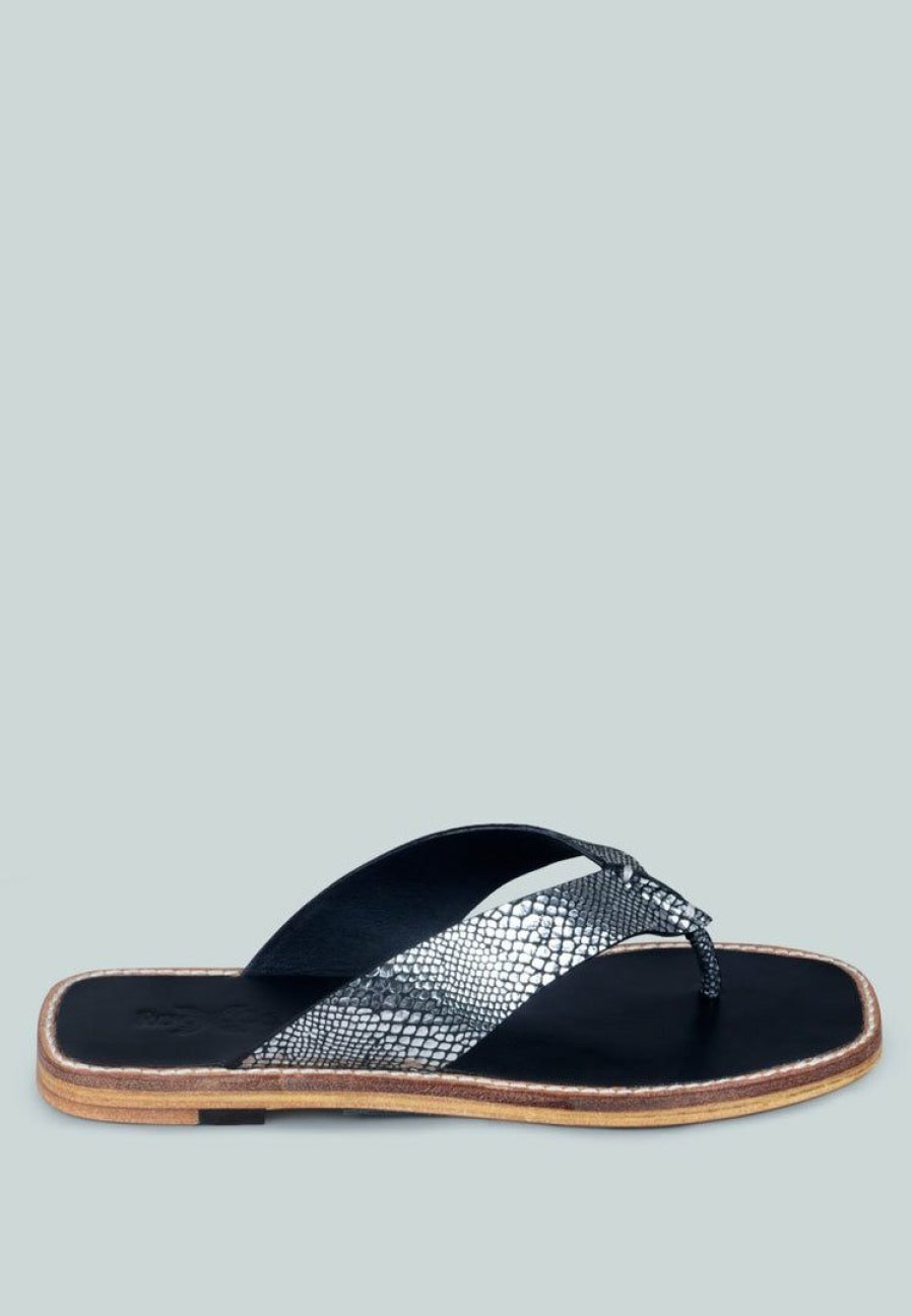 Sandals * | Rag & Co X Olsen Broad Thong Flats In Black Snake