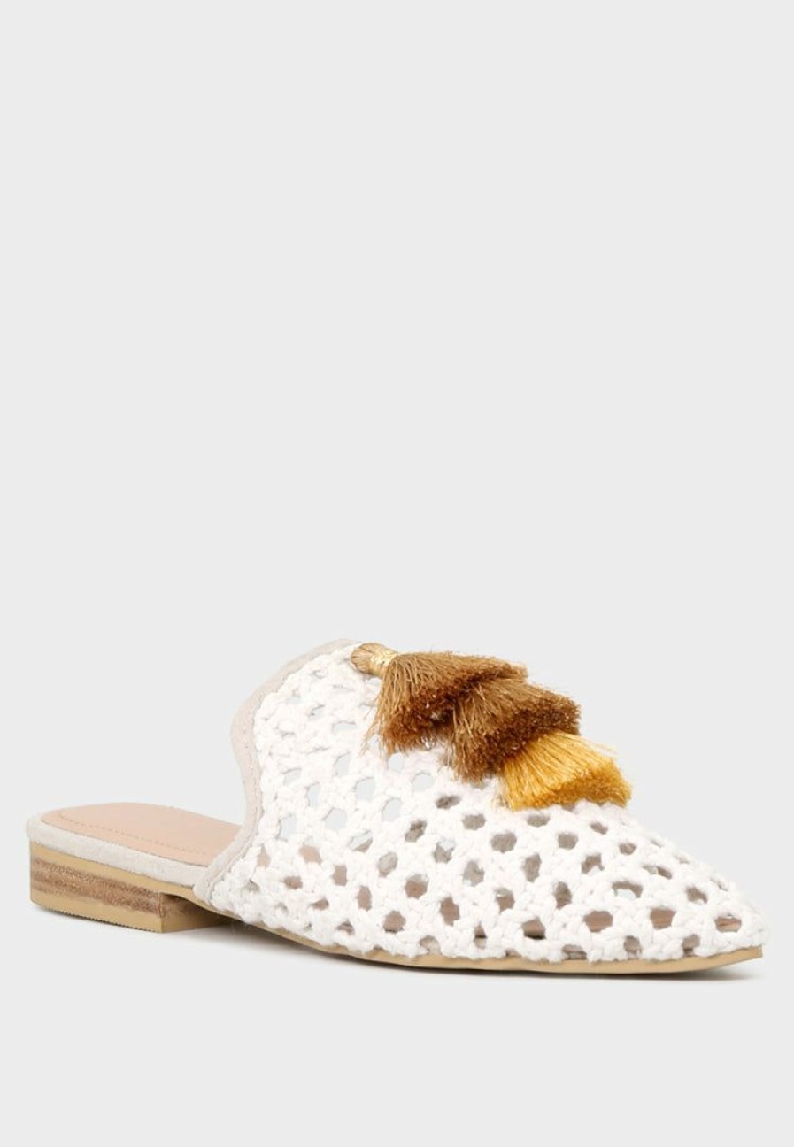 Flats * | Rag & Co Flats Miriam Woven Metallic Tassel Flat Mules White