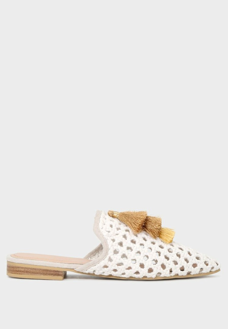 Flats * | Rag & Co Flats Miriam Woven Metallic Tassel Flat Mules White