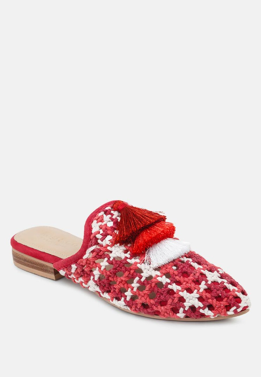 Ss'22 * | Rag & Co Flats Mariana Woven Flat Mules With Tassels Red