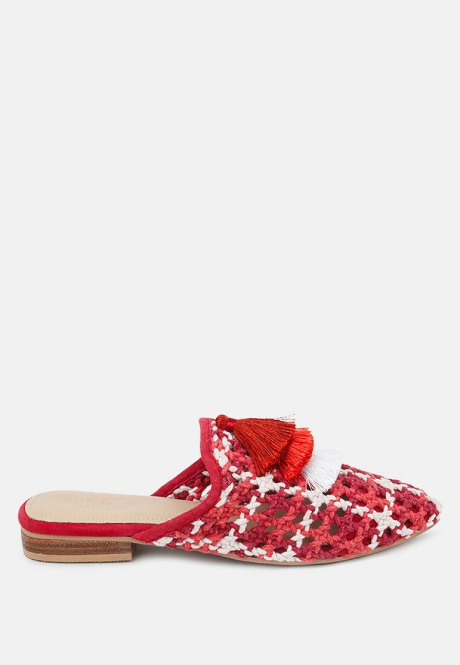 Ss'22 * | Rag & Co Flats Mariana Woven Flat Mules With Tassels Red