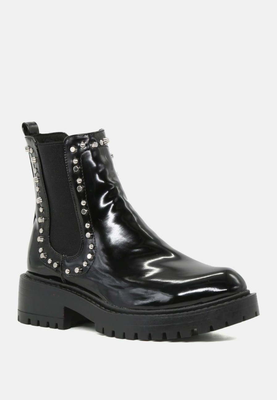 Boots * | Rag & Co Clara Studded Shiny Chelsea Boot Black