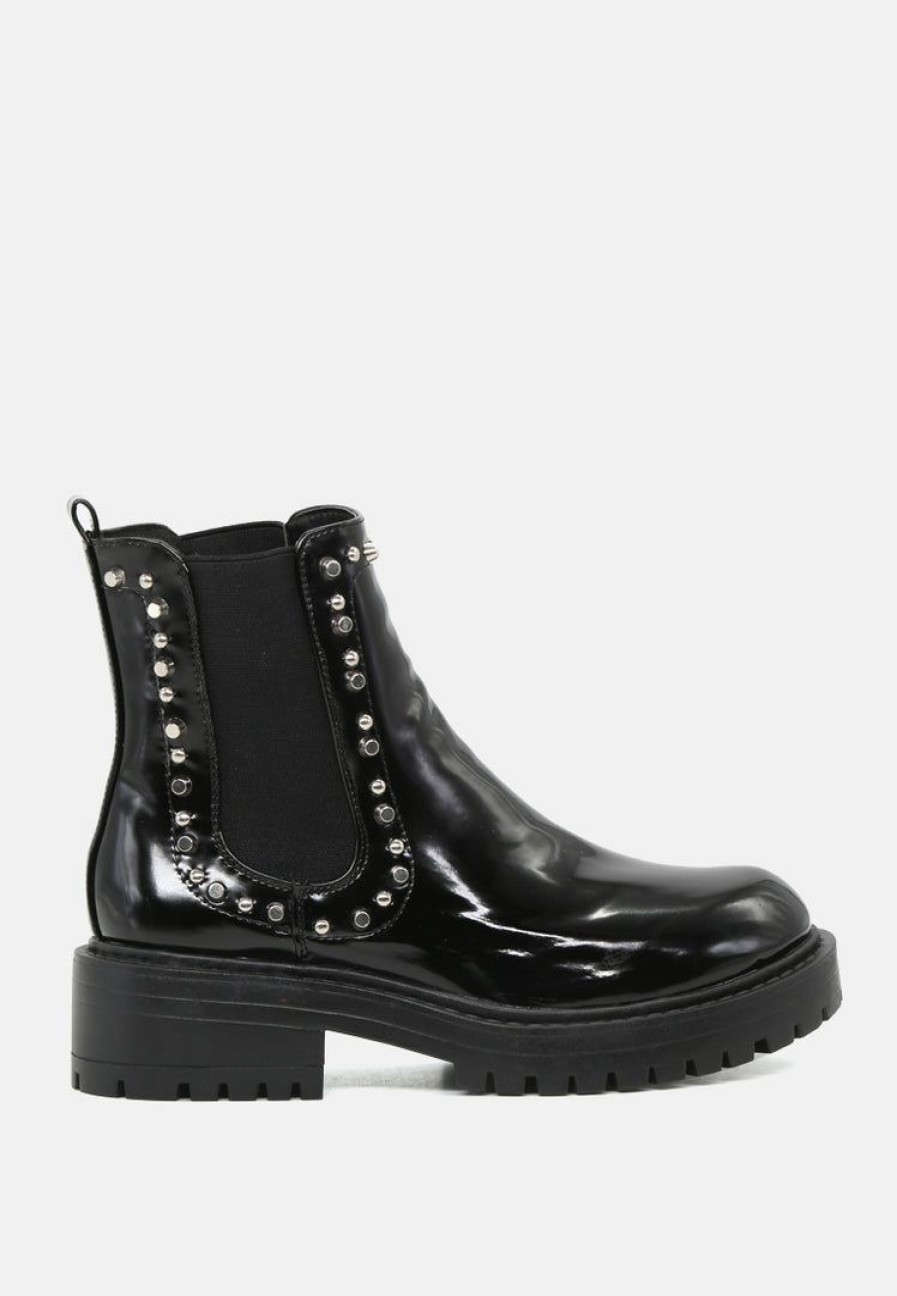 Boots * | Rag & Co Clara Studded Shiny Chelsea Boot Black