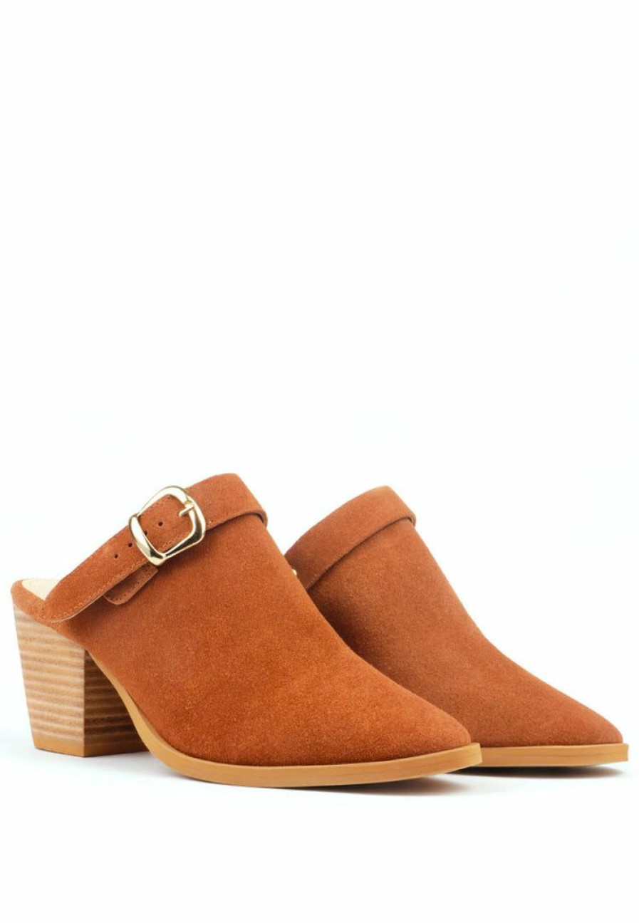 Mules * | Rag & Co Tarrah Stacked Heel Mules With Adjustable Buckle Tan