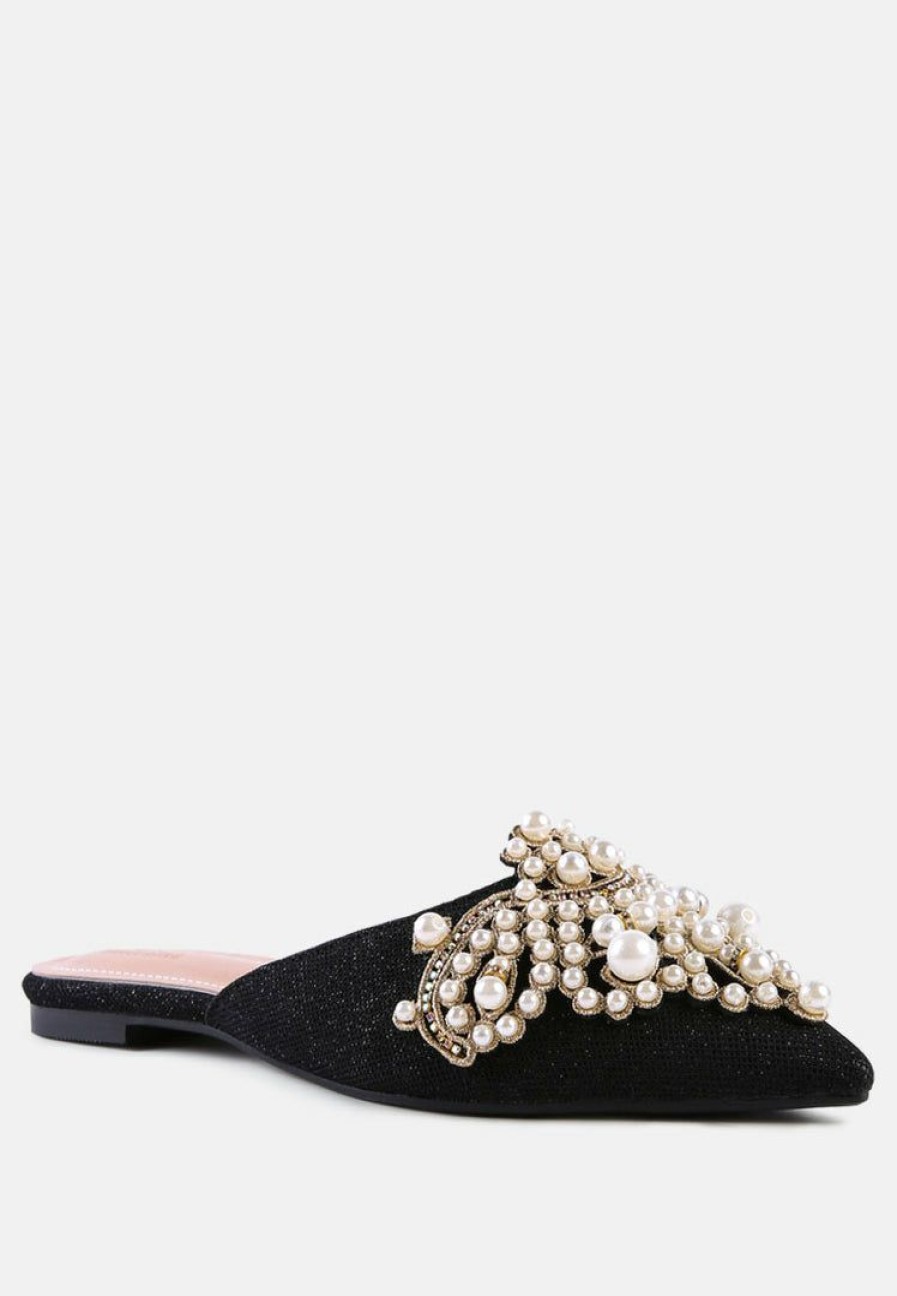 Mules * | Rag & Co Astre Embellished Delicate Pearl Mules In Black