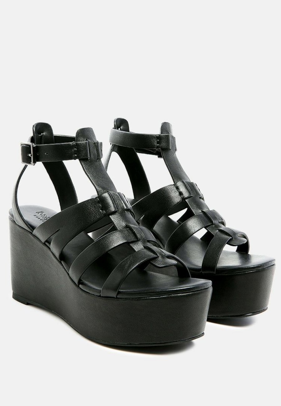 Ss'22 * | Rag & Co Windrush Cage Wedge Leather Sandal In Ss'22 Black