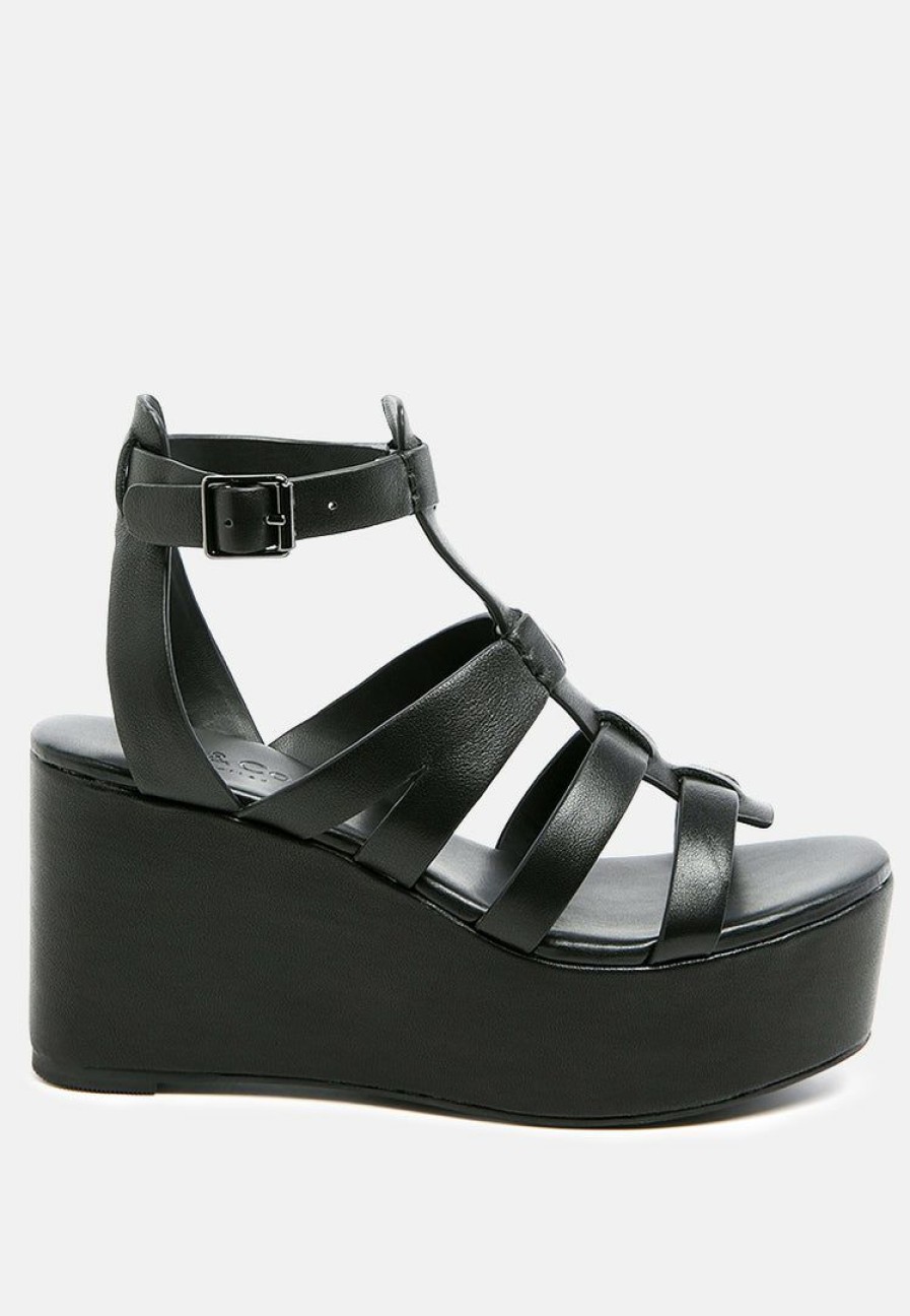 Ss'22 * | Rag & Co Windrush Cage Wedge Leather Sandal In Ss'22 Black