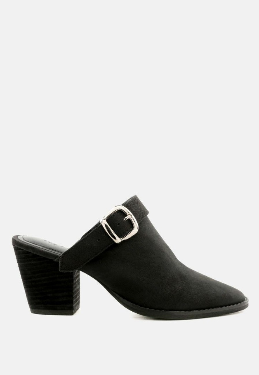 Mules * | Rag & Co Tarrah Stacked Heel Mules With Adjustable Buckle Black