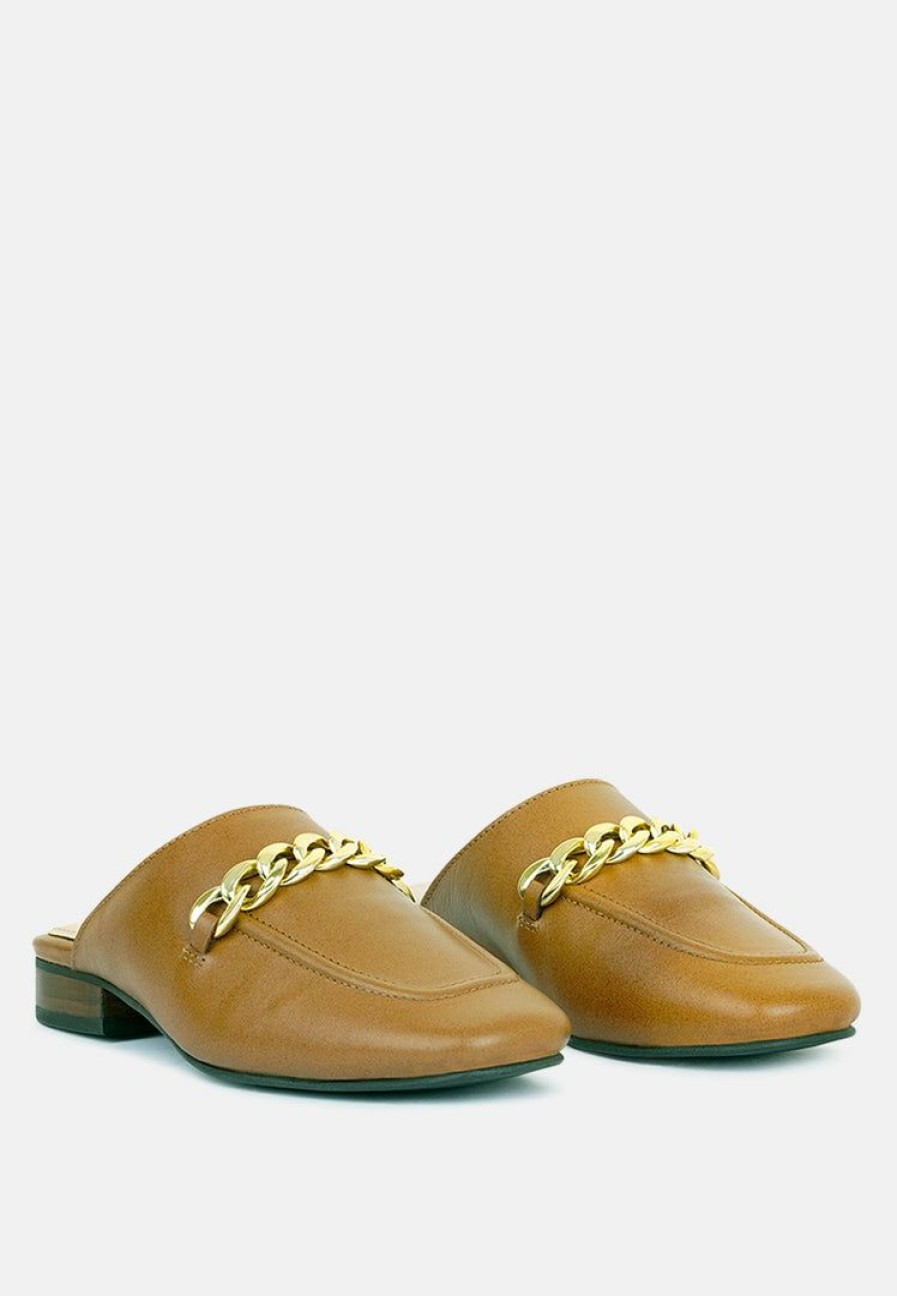 Ss'22 * | Rag & Co Flats Honey Leather Metal Chain Mules In Tan