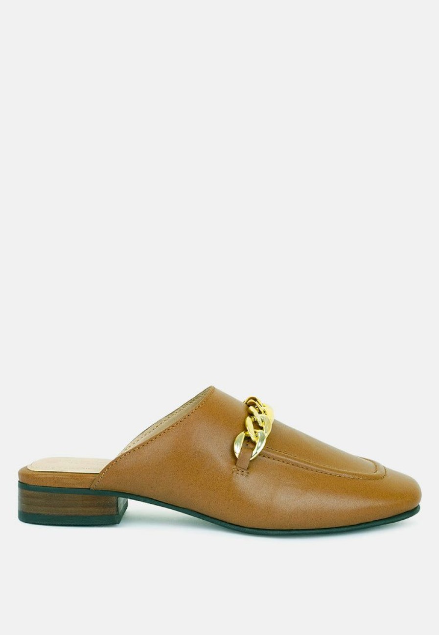 Ss'22 * | Rag & Co Flats Honey Leather Metal Chain Mules In Tan