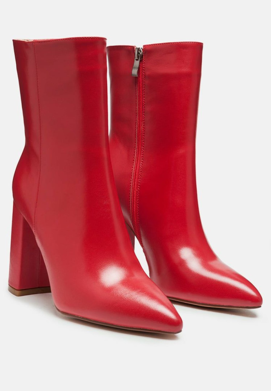 Boots * | Rag & Co Margen Ankle High Pointed Toe Block Heeled Boot In Red