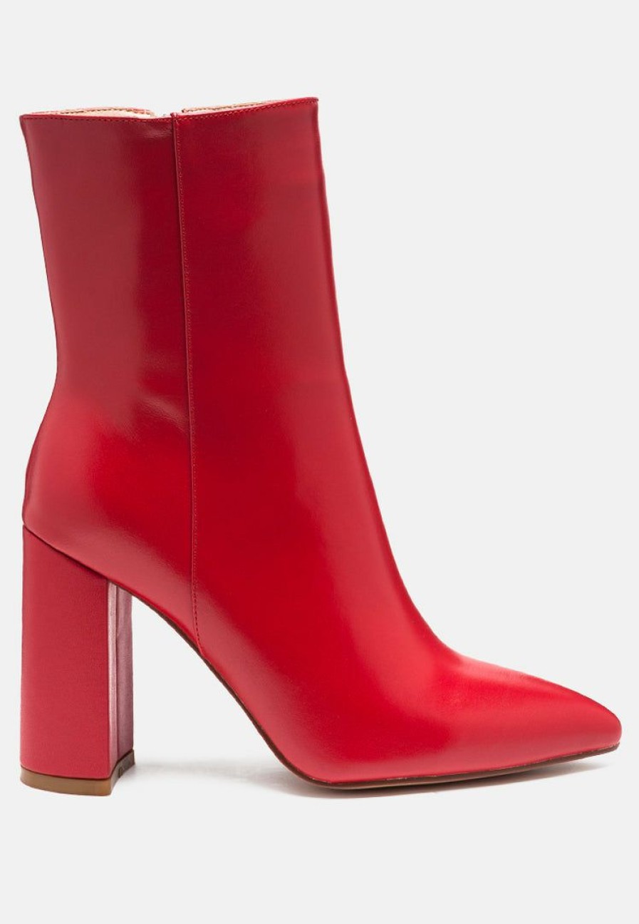 Boots * | Rag & Co Margen Ankle High Pointed Toe Block Heeled Boot In Red