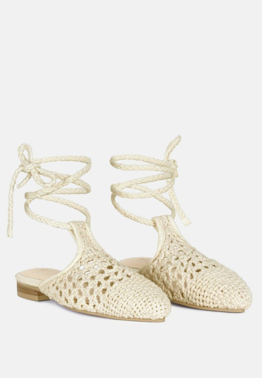 Flats * | Rag & Co Bartsi Handwoven Cotton Tie Up Mule Flats Off White