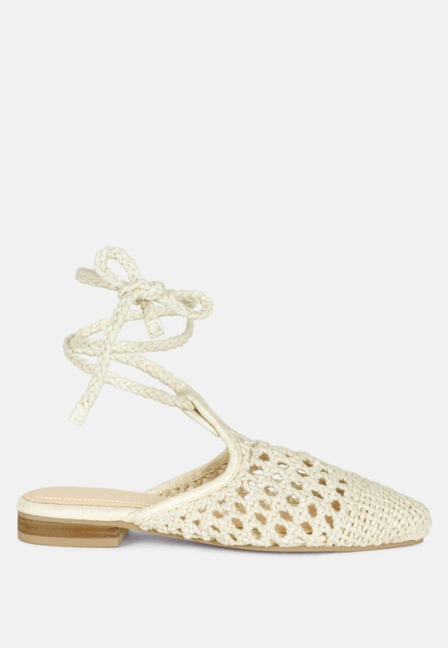 Flats * | Rag & Co Bartsi Handwoven Cotton Tie Up Mule Flats Off White