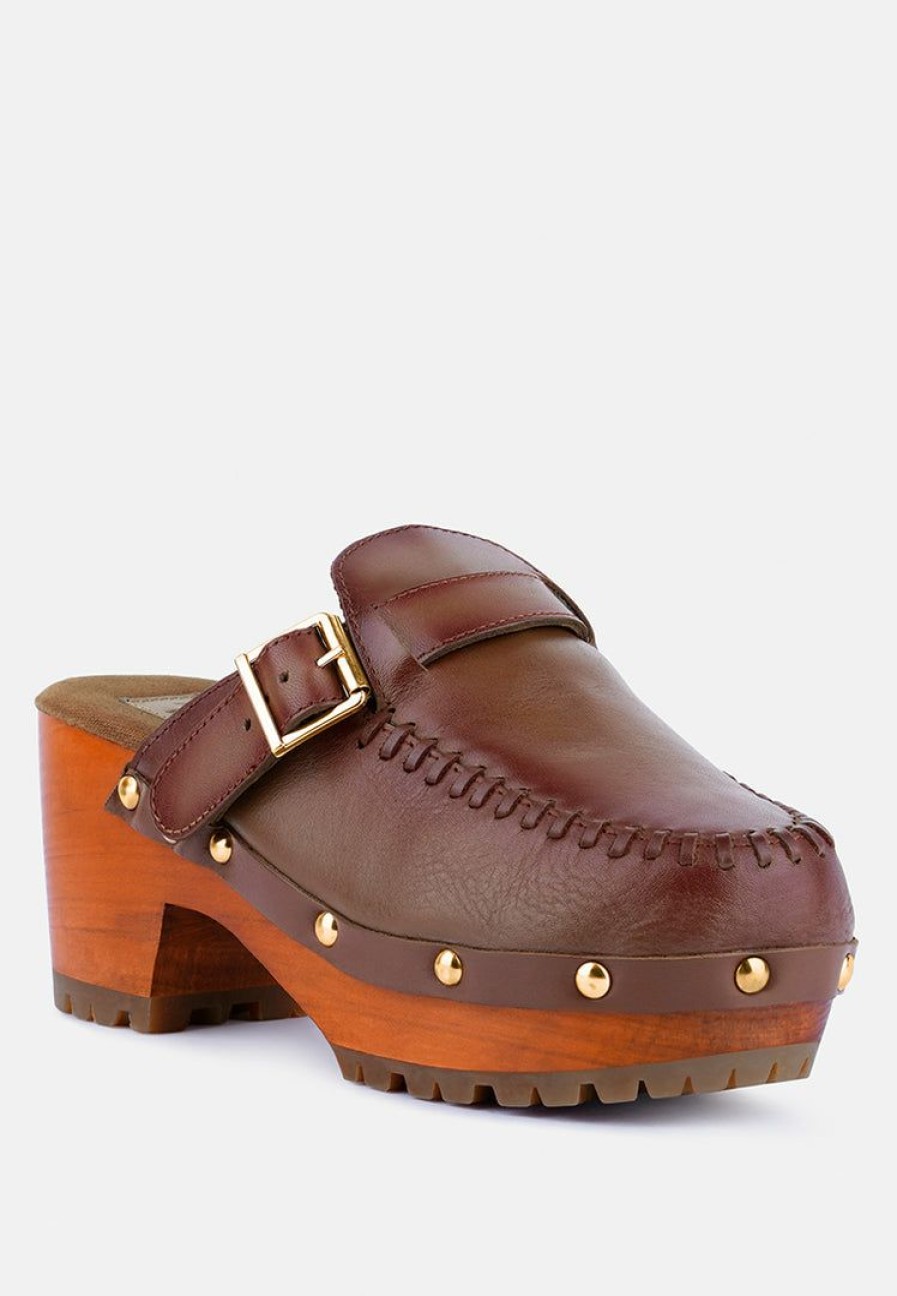 Clogs * | Rag & Co Choctav Dark Handcrafted Leather Clogs Tan