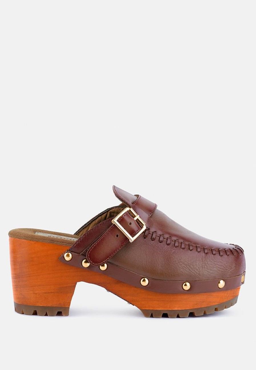 Clogs * | Rag & Co Choctav Dark Handcrafted Leather Clogs Tan