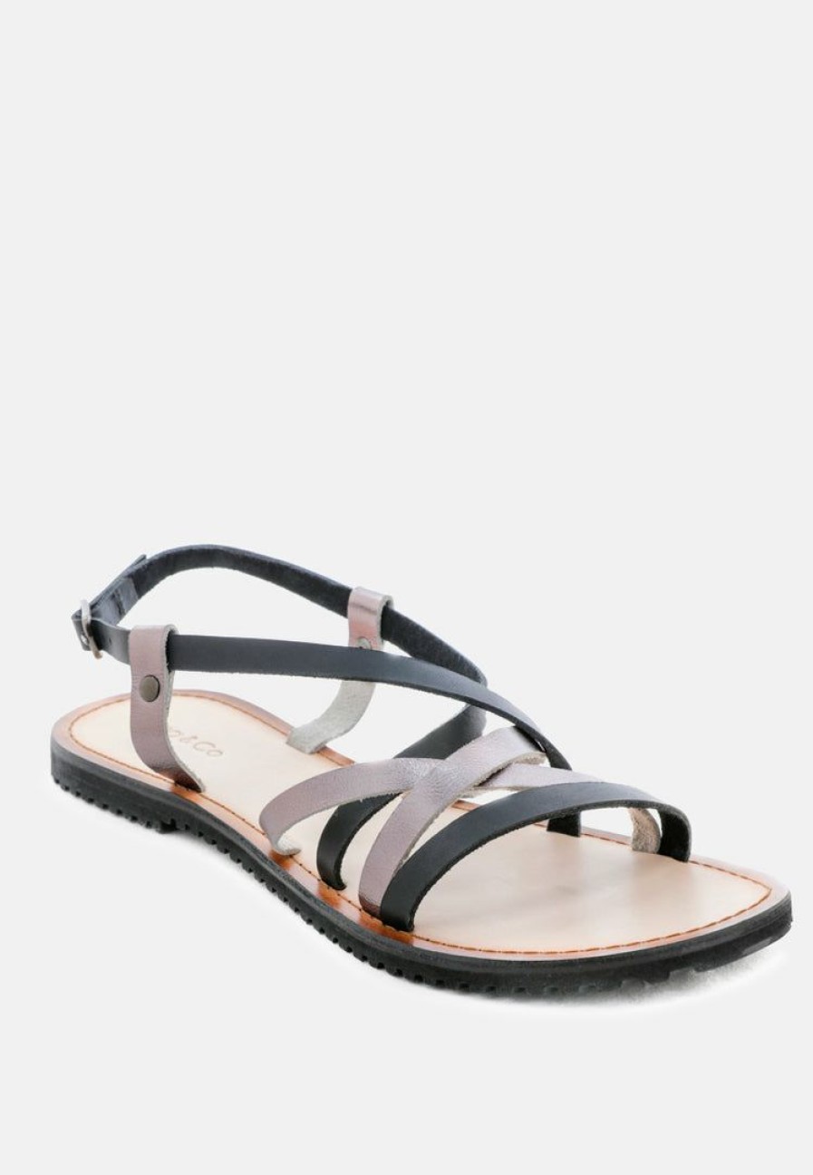 Sandals * | Rag & Co Flats June Black Strappy Flat Leather Sandals Black/Pewter